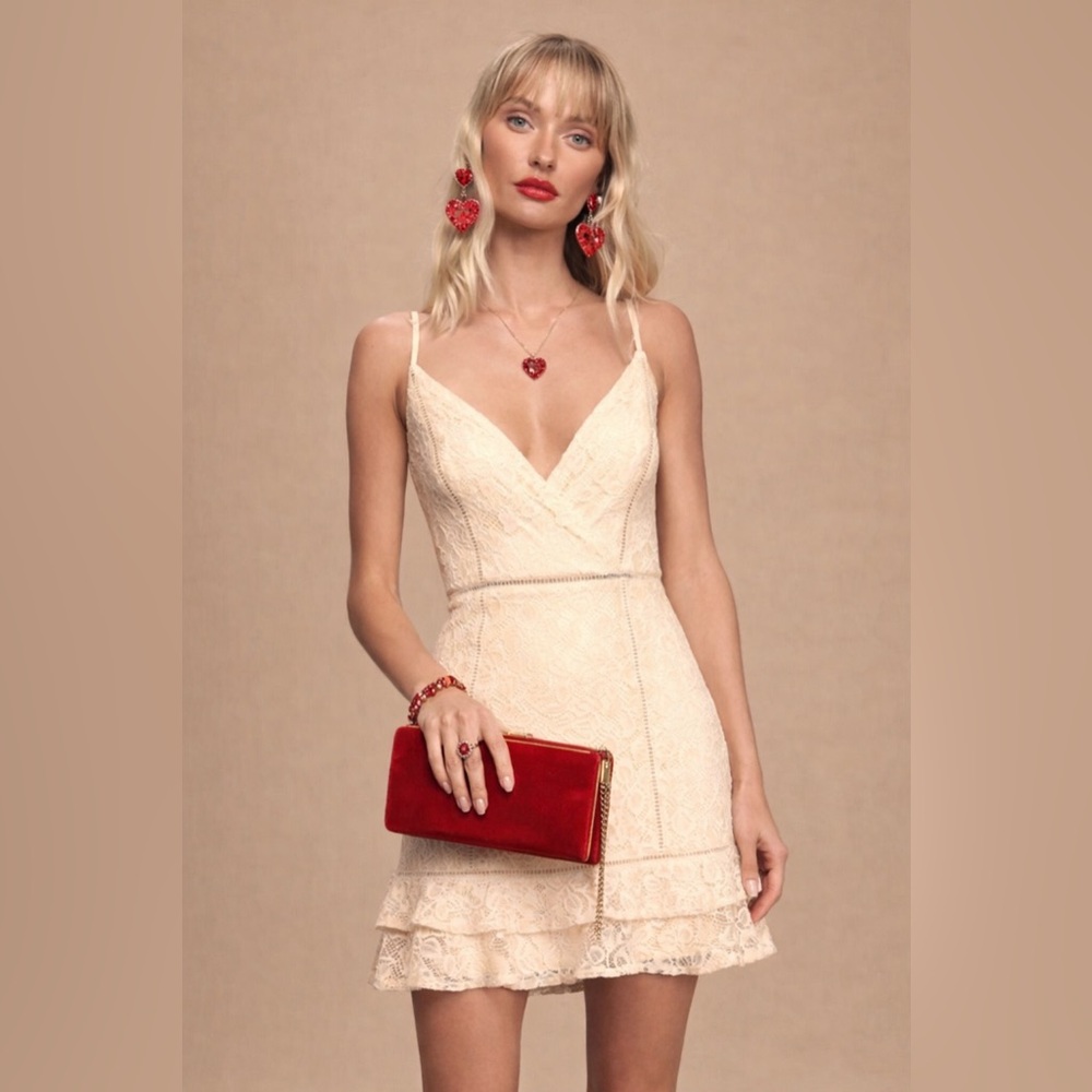 Lulus Beige Lace Ruffle Mini Dress